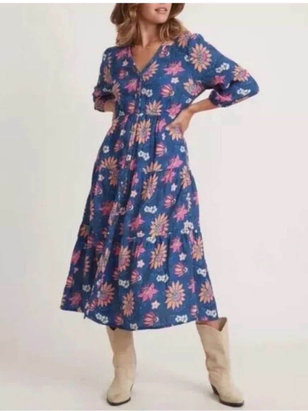 Marine Layer Willow Midi Dress in Floral Batik Blue Pink Natural Fiber Size XL - Picture 3 of 16